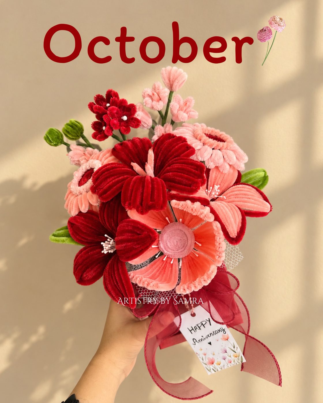 October - red and pink pipe cleaner bouquet